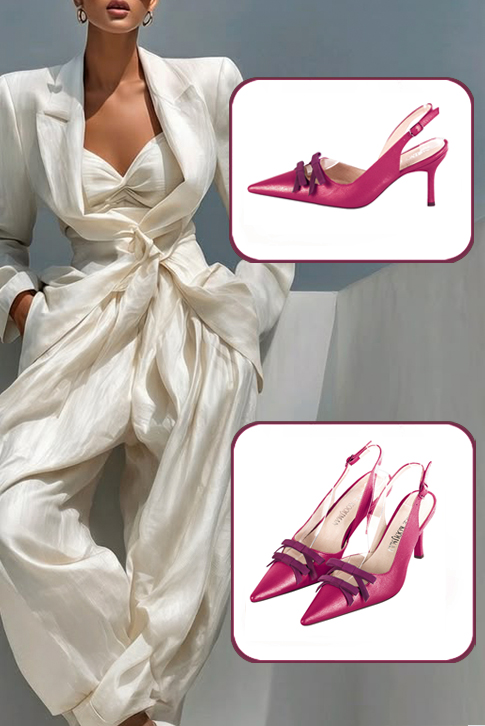 Women's fuchsia pink and mulberry purple elegant slingback heels, with a bow on the front. Pointed toe. High slim heel - Worn view